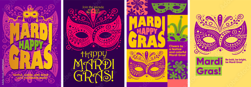Obraz premium Playful Mardi Gras poster with festive masks, beads, and bold lettering in vibrant purple, green, and yellow, perfect for carnival festivities.