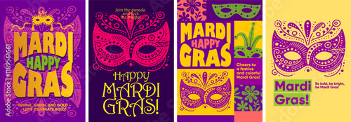 Playful Mardi Gras poster with festive masks, beads, and bold lettering in vibrant purple, green, and yellow, perfect for carnival festivities.