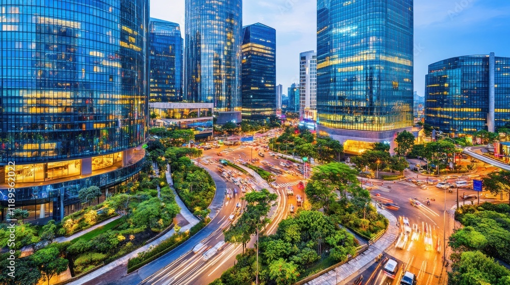 Fototapeta premium Cityscape twilight, highway intersection, modern architecture, busy street