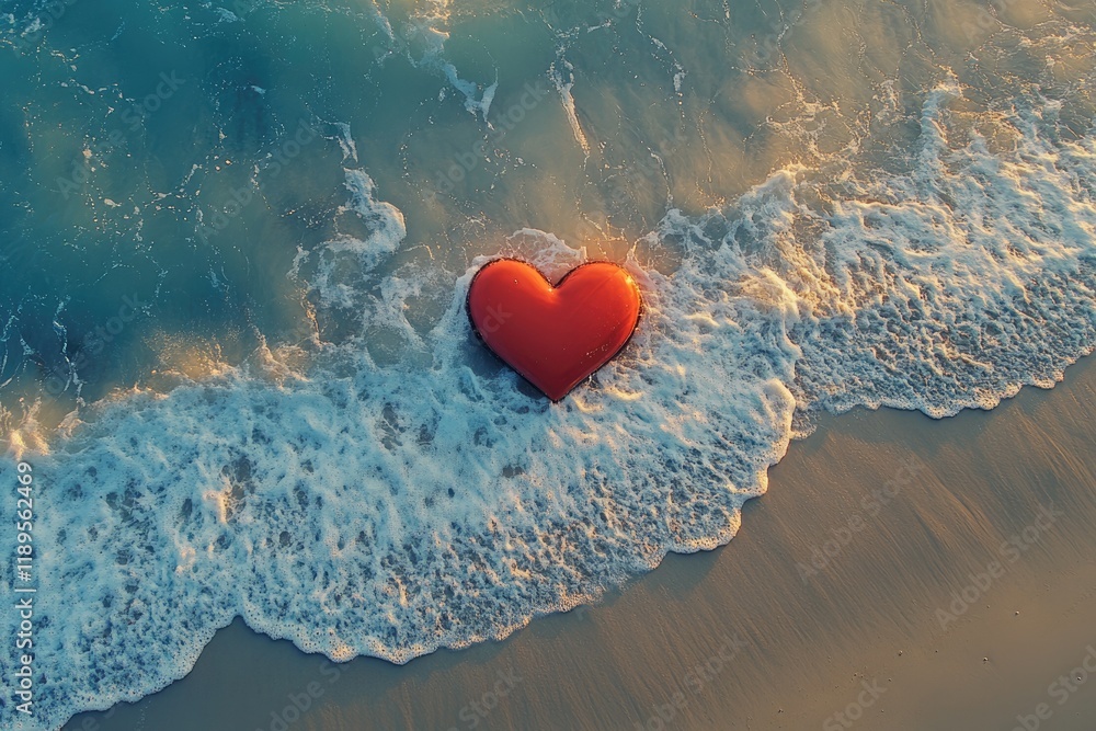 Fototapeta premium Vibrant Heart Shape on Sandy Shore. A Dreamy Coastal Scene Capturing Beauty in Bright Colours