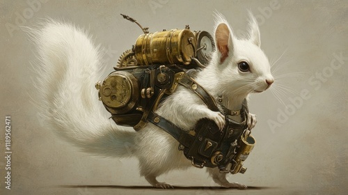 Whimsical white squirrel with steampunk backpack.