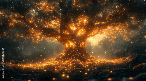 Mesmerizing glowing tree illuminated by countless lights at dusk in a mystica...