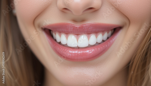 Patient's mouth after perfect teeth whitening treatment, showcasing bright and clean smile. photo