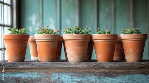 Potted herbs in clay pots arranged on a rustic wooden table in a cozy indoor ...