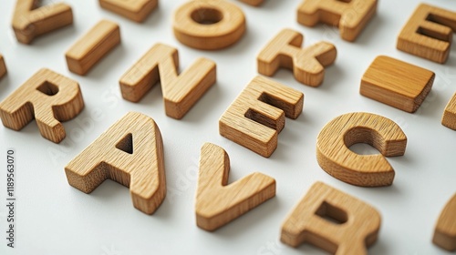 Wooden alphabet letters scattered on a flat surface for creative learning and...