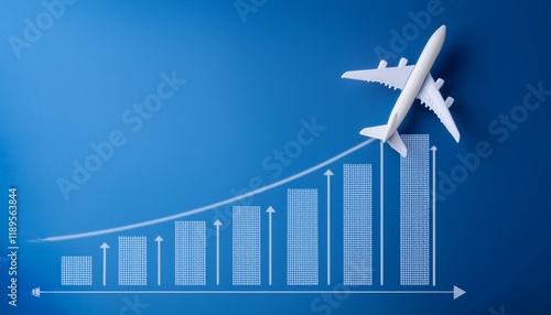 A meandering upward curved graph, with a small model of an airplane following the top of the upward curved graph model
