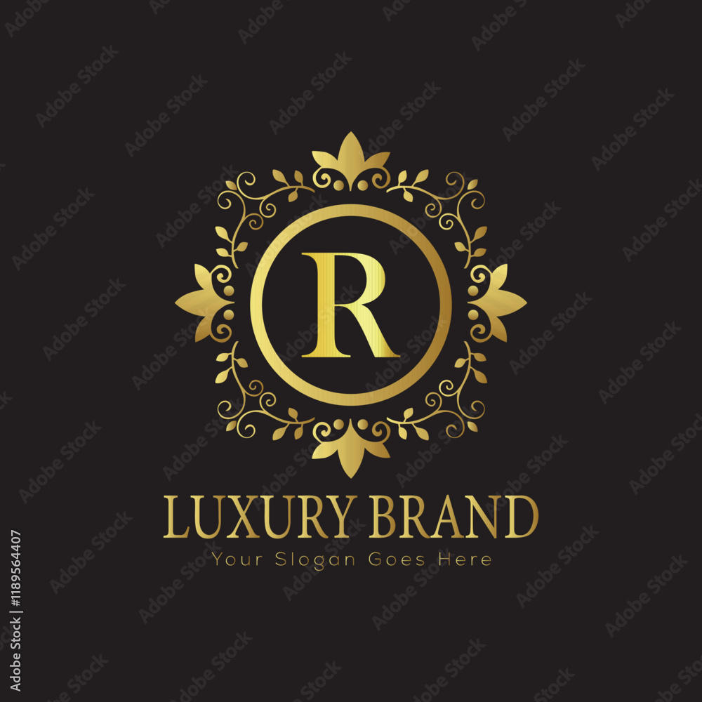 Fototapeta premium Letter Luxury brand logo design with a royal gold crown emblem and elegant typography