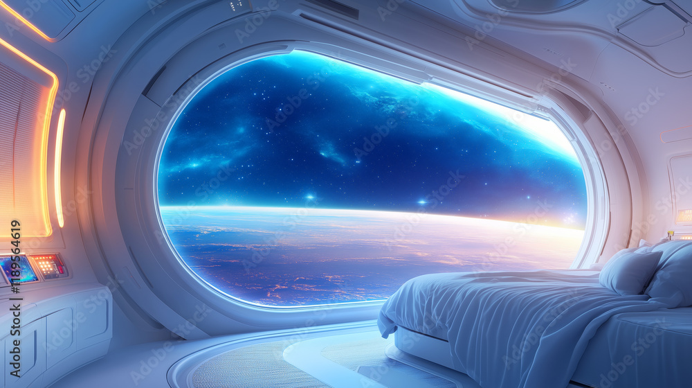 Stunning view of Earth from a futuristic space bedroom Stunning view of Earth from a futuristic space bedroom