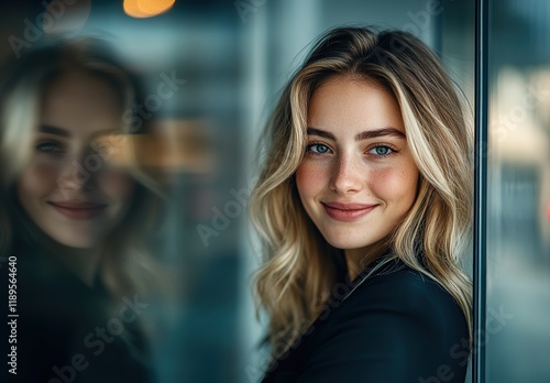 Wallpaper Mural  Portrait of a smiling business woman with blonde hair in a modern office, wearing a black blazer and looking at the camera.  Torontodigital.ca