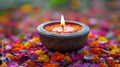 Beautifully lit diya surrounded by colorful flower petals and spices during f...