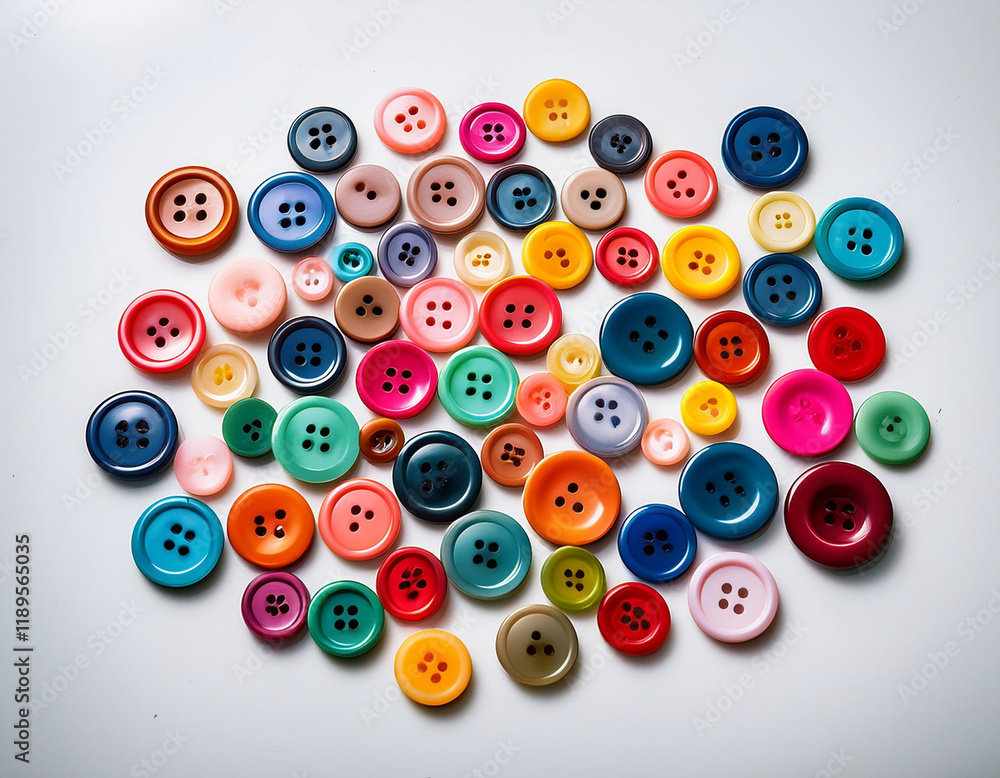A scatter of multi-colored buttons creating a playful and creative contrast against a white background. A scatter of multi-colored buttons creating a playful and creative contrast against a white background.