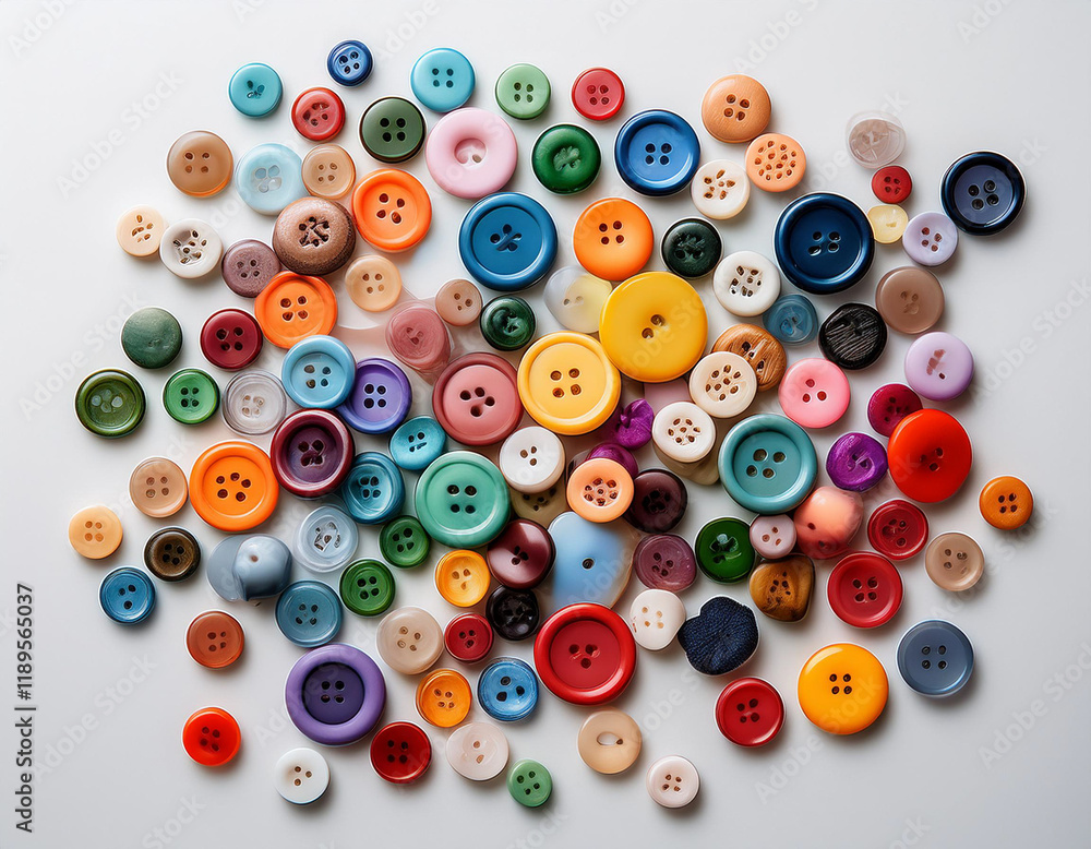 A scatter of multi-colored buttons creating a playful and creative contrast against a white background. A scatter of multi-colored buttons creating a playful and creative contrast against a white background.