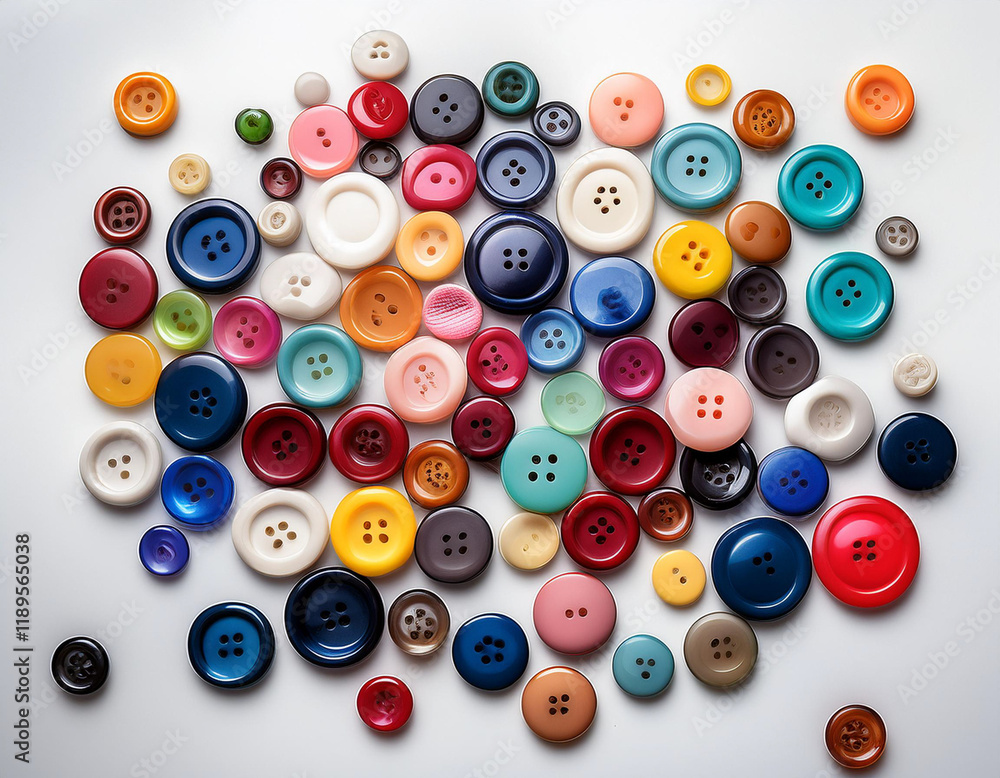 A scatter of multi-colored buttons creating a playful and creative contrast against a white background. A scatter of multi-colored buttons creating a playful and creative contrast against a white background.