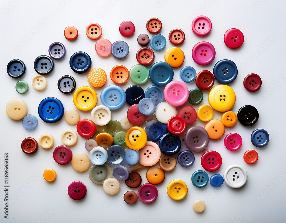 A scatter of multi-colored buttons creating a playful and creative contrast against a white background. A scatter of multi-colored buttons creating a playful and creative contrast against a white background.