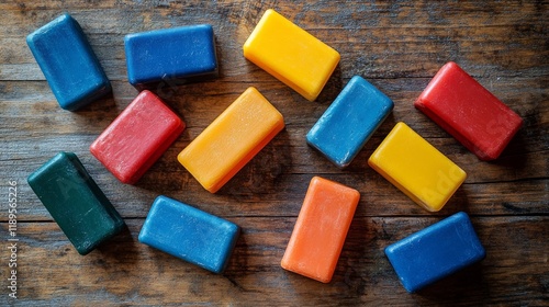 Colorful wooden blocks arranged in a playful stack on a rustic wooden surface...