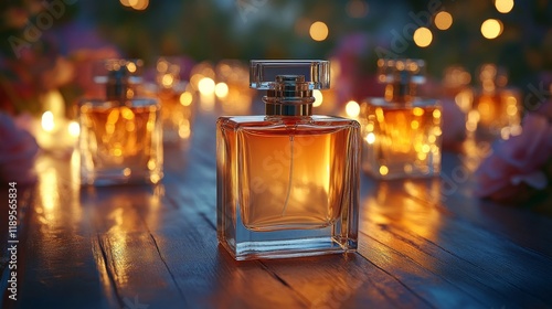 Elegant glass perfume bottles illuminated by candlelight create a warm ambian...