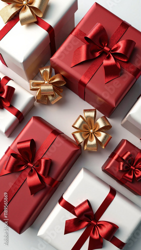 Luxurious Red and White Gift-Wrapped Presents with Gold Ribbons: Perfect for Holiday Marketing and E-commerce photo