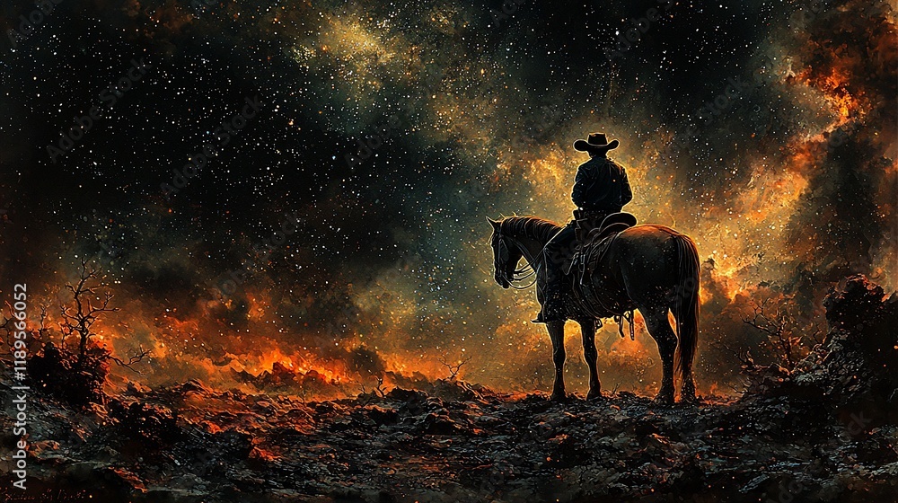 Fototapeta premium Cowboy silhouetted on horseback against fiery, star-filled sky.