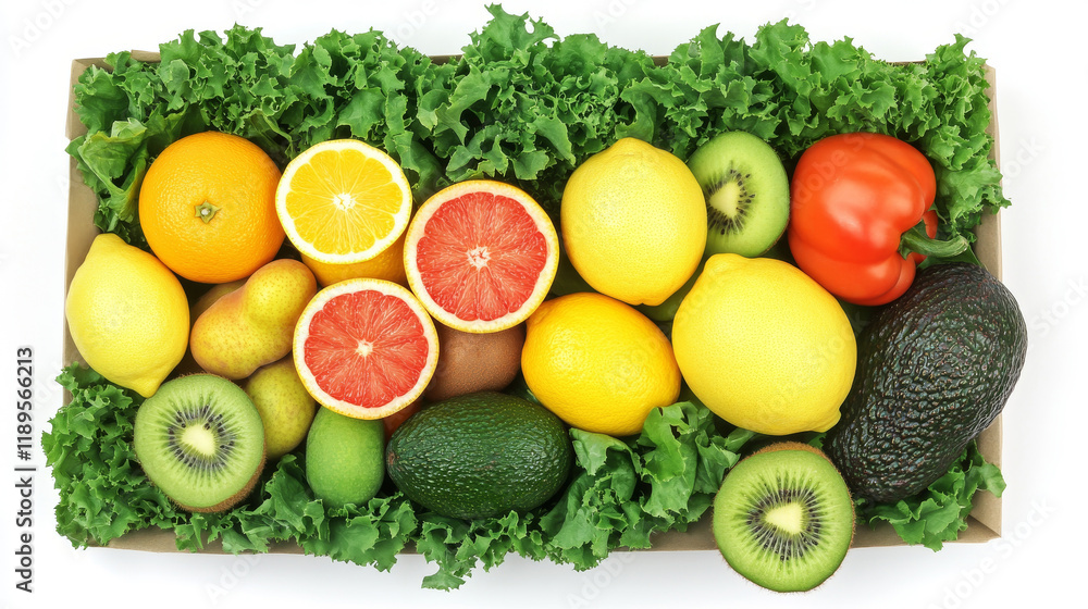 Box of fresh fruits and vegetables, with avocado, oranges, lemons, tomatoes, green leafy salad and kiwi on white background. Top view