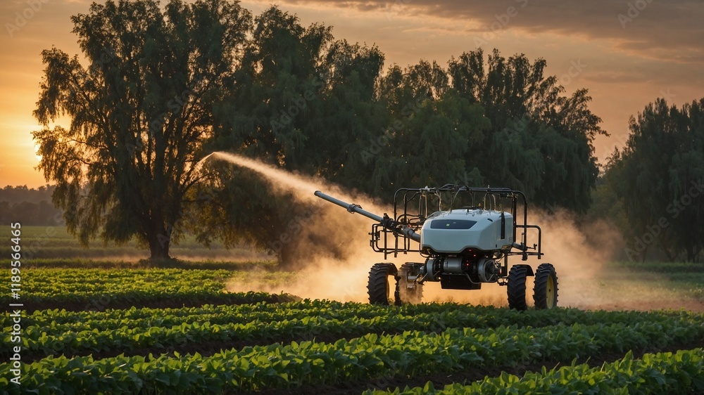 Fototapeta premium Generative AI image of unmanned robot herbicide sprayer working in agricultural field during evening against sunset sky and green trees in countryside 