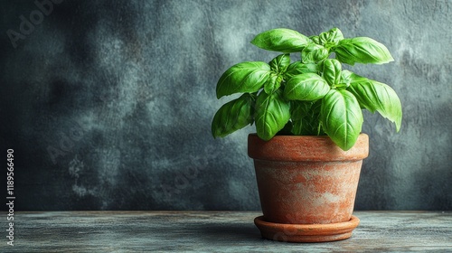 Fresh basil plant in a rustic pot on a textured surface with a dark background