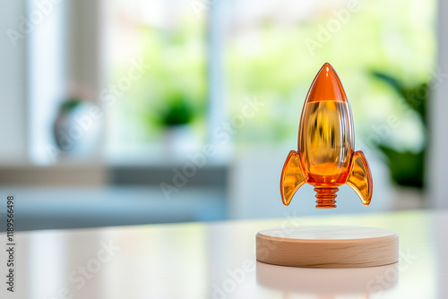 Amber Glass Rocket Figurine on Wooden Base