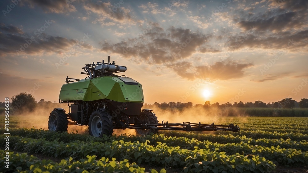 Fototapeta premium Generative AI image of unmanned robot herbicide sprayer working in agricultural field during evening against sunset sky and green trees in countryside 