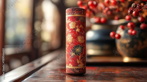 Decorative red scroll with floral pattern resting on an antique wooden table ...