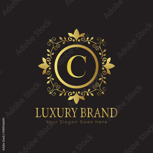 Letter luxury gold logo concept brand logo design with a royal gold crown emblem and elegant typography
