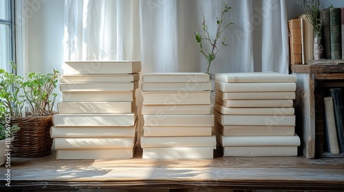 Stacked sheets of blank paper on a table in a bright workspace during day