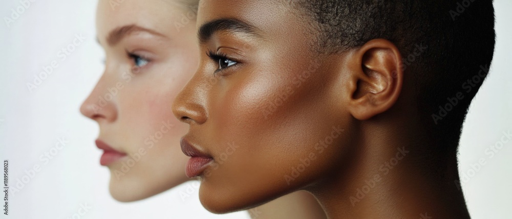 two people in profile posing together against a white background two people in profile posing together against a white background