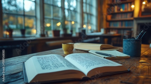 Study session with books, coffee, and stationary on a rustic wooden table