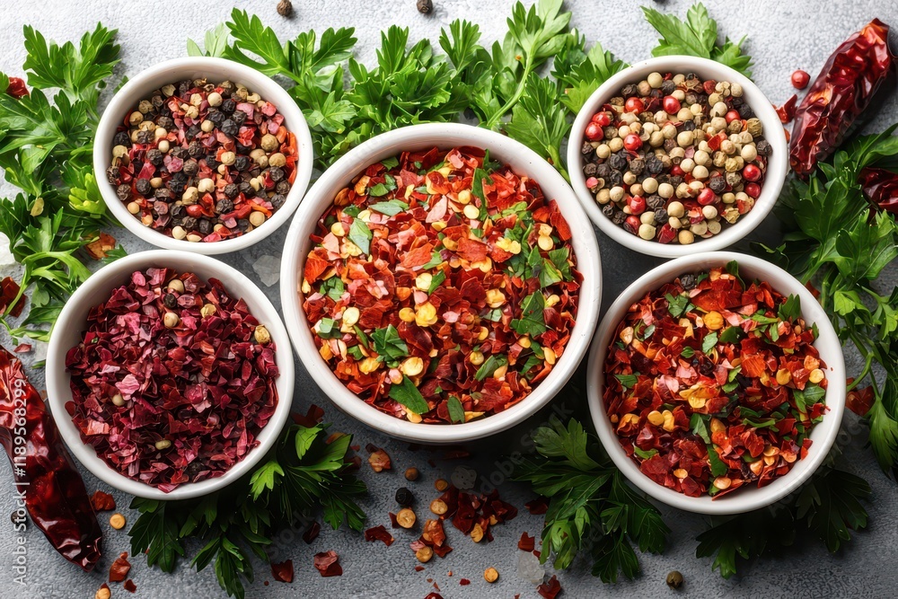 Chili flakes and parsley displayed together, their fresh color tones creating a vibrant culinary presentation full of flavor and aroma. Chili flakes and parsley displayed together, their fresh color tones creating a vibrant culinary presentation full of flavor and aroma.