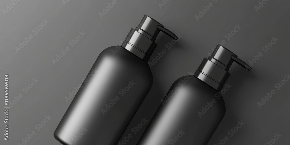 Stylish Black Bottles: Sleek Cosmetic Containers Soaring Above a Minimalist Background Stylish Black Bottles: Sleek Cosmetic Containers Soaring Above a Minimalist Background