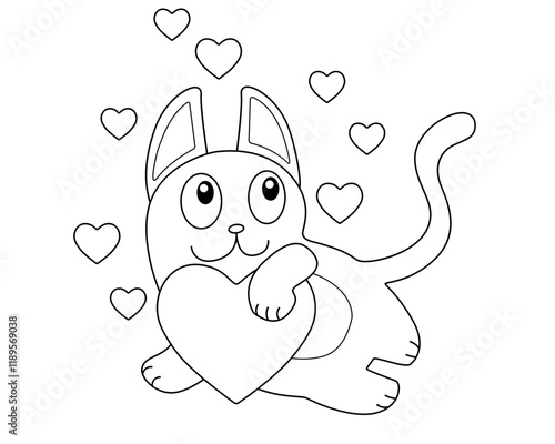 Loving, dreamy cat with hearts. Funny kitten hugs a big heart surrounded by small hearts - vector linear picture for coloring for Valentine's Day. Outline.	