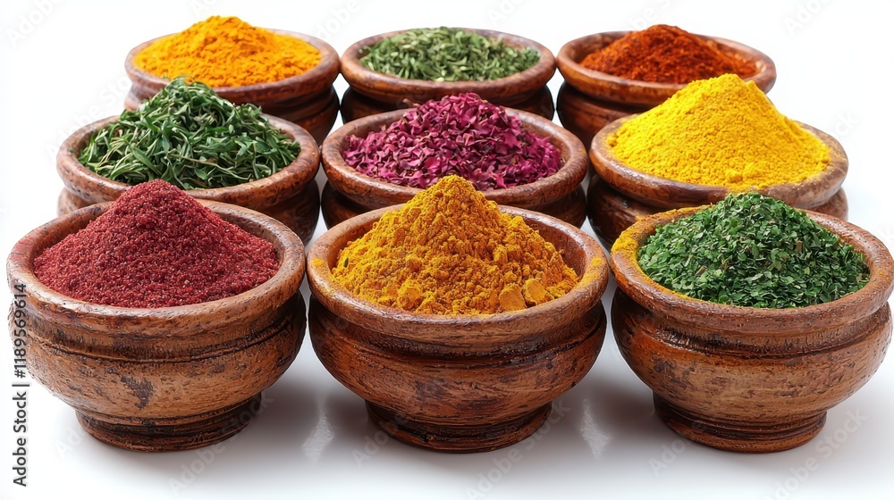 Elegant ceramic bowls filled with assorted spice powders, presenting a colorful variety that adds depth and vibrancy to culinary creations. Elegant ceramic bowls filled with assorted spice powders, presenting a colorful variety that adds depth and vibrancy to culinary creations.