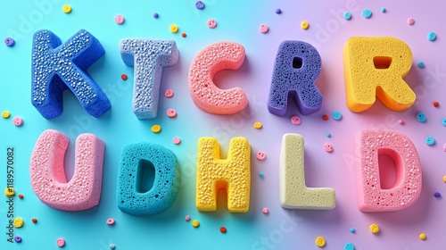 Colorful foam letters arranged on a pink background creating a playful and vi...