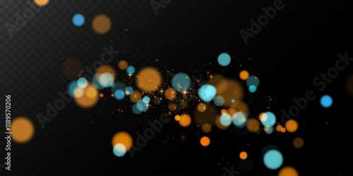 A mesmerizing composition of ethereal blue and golden bokeh lights shimmering on a dark transparent background, evoking a sense of magic, elegance, and festive wonder—perfect for creative projects.