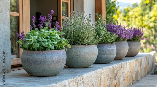 Vibrant garden planters with flowers and herbs in modern outdoor space during...