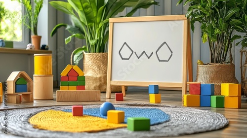 Colorful geometric shapes display in a rustic classroom setting with a wooden...