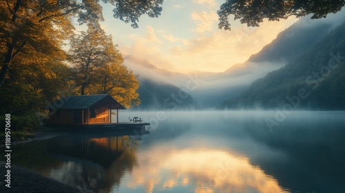 Serene lakeside cabin at dawn with misty mountains and calm water reflections