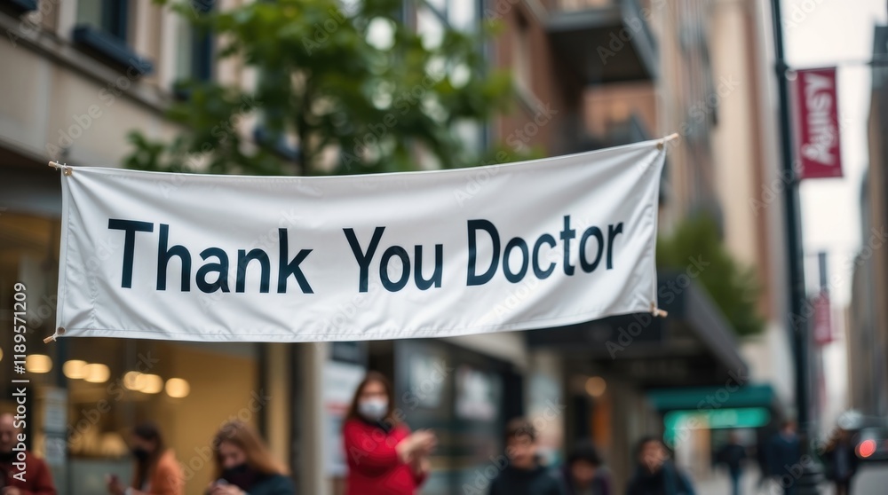 Obraz premium A banner displaying Thank You Doctor is prominently hung in a city area, with people gathered around, acknowledging and honoring women physicians' contributions