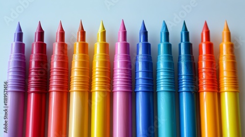 Brightly colored markers arranged in a neat row on a white surface