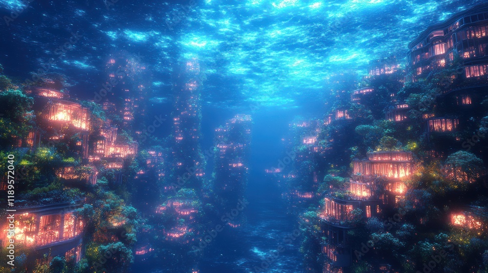 Underwater city with glowing buildings and lush vegetation, vibrant coral reefs, and clear water. Underwater city with glowing buildings and lush vegetation, vibrant coral reefs, and clear water.