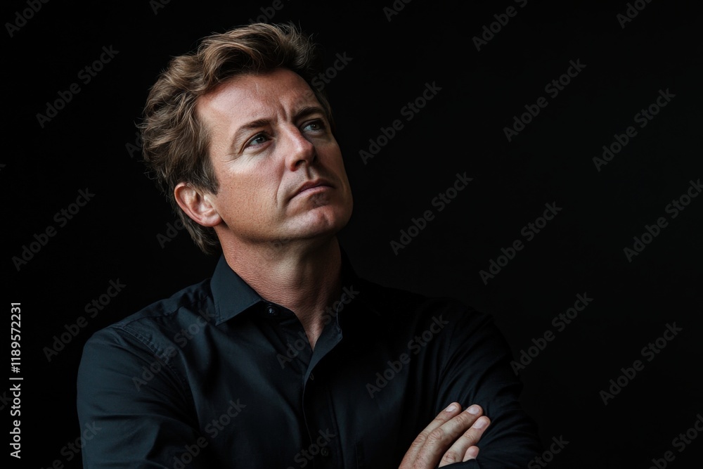 Man looking up with arms crossed wearing a black shirt against a dark background Man looking up with arms crossed wearing a black shirt against a dark background