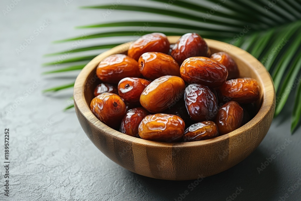 A wooden bowl filled with ripe, brown dates, set against a gray background with a palm leaf. A wooden bowl filled with ripe, brown dates, set against a gray background with a palm leaf.