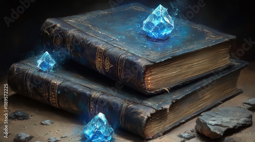 Magical crystals and ancient books create a mystical atmosphere in a serene f...