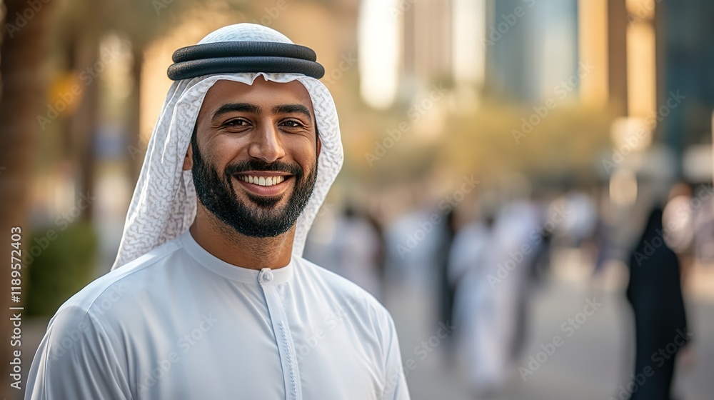 A happy Emirati man in a traditional white kandura stands outside an office building, smiling at the camera with confidence and determination. A happy Emirati man in a traditional white kandura stands outside an office building, smiling at the camera with confidence and determination.