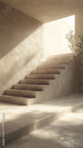 Natural light illuminates minimalist staircase in serene indoor environment