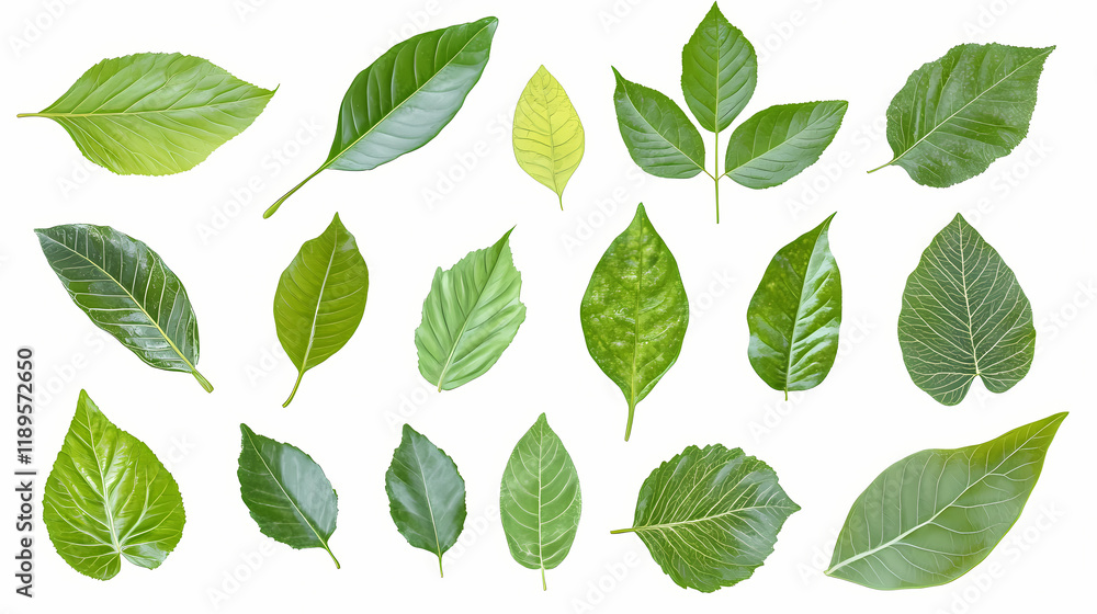 Collection of various green tropical leaves isolated on white background. Leafglow. Illustration Collection of various green tropical leaves isolated on white background. Leafglow. Illustration